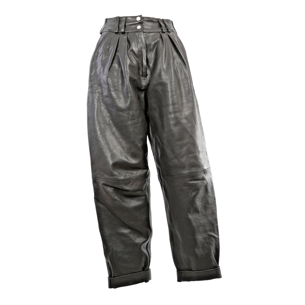 BALMAIN Black Lambskin Leather High Waist Paperbag Pants Size 36